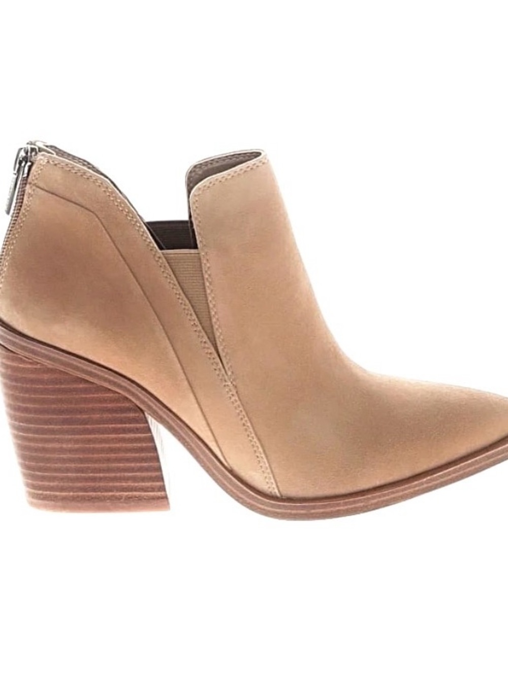 Vince Camuto Beige Suede Stacked Heel Ankle Bootie